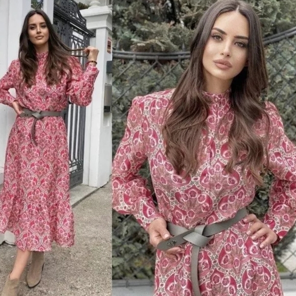 Zara Dresses & Skirts - Zara Rose Print Midi Maxi Dress Raspberry Pink Cottagecore Elegant Linen Blend M